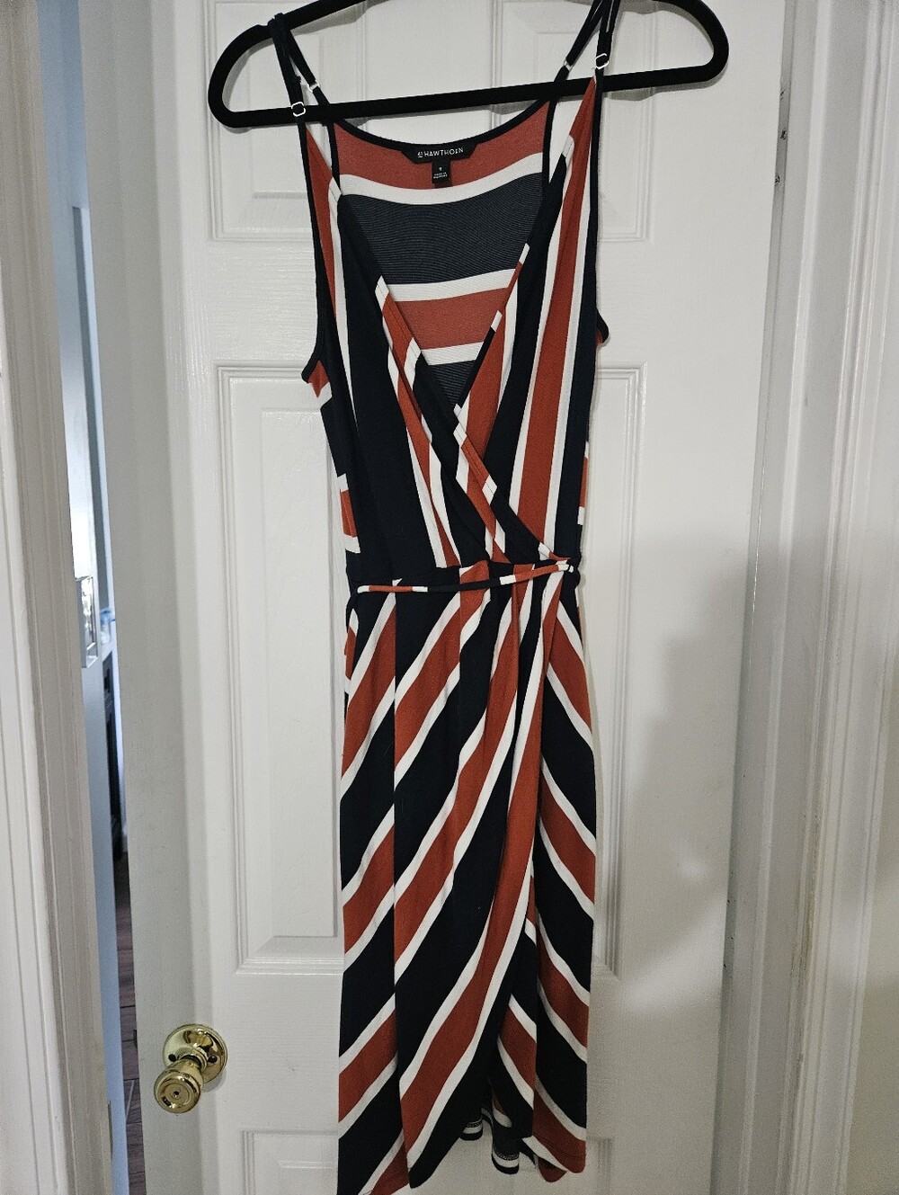 41 Hawthorn Striped Faux Wrap Midi Dress Rust Black Cream L
